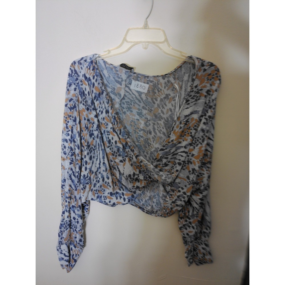 Dress Forum Crop Top Womens Small Blue Tan Animal Print Wrap Boho V-Neck